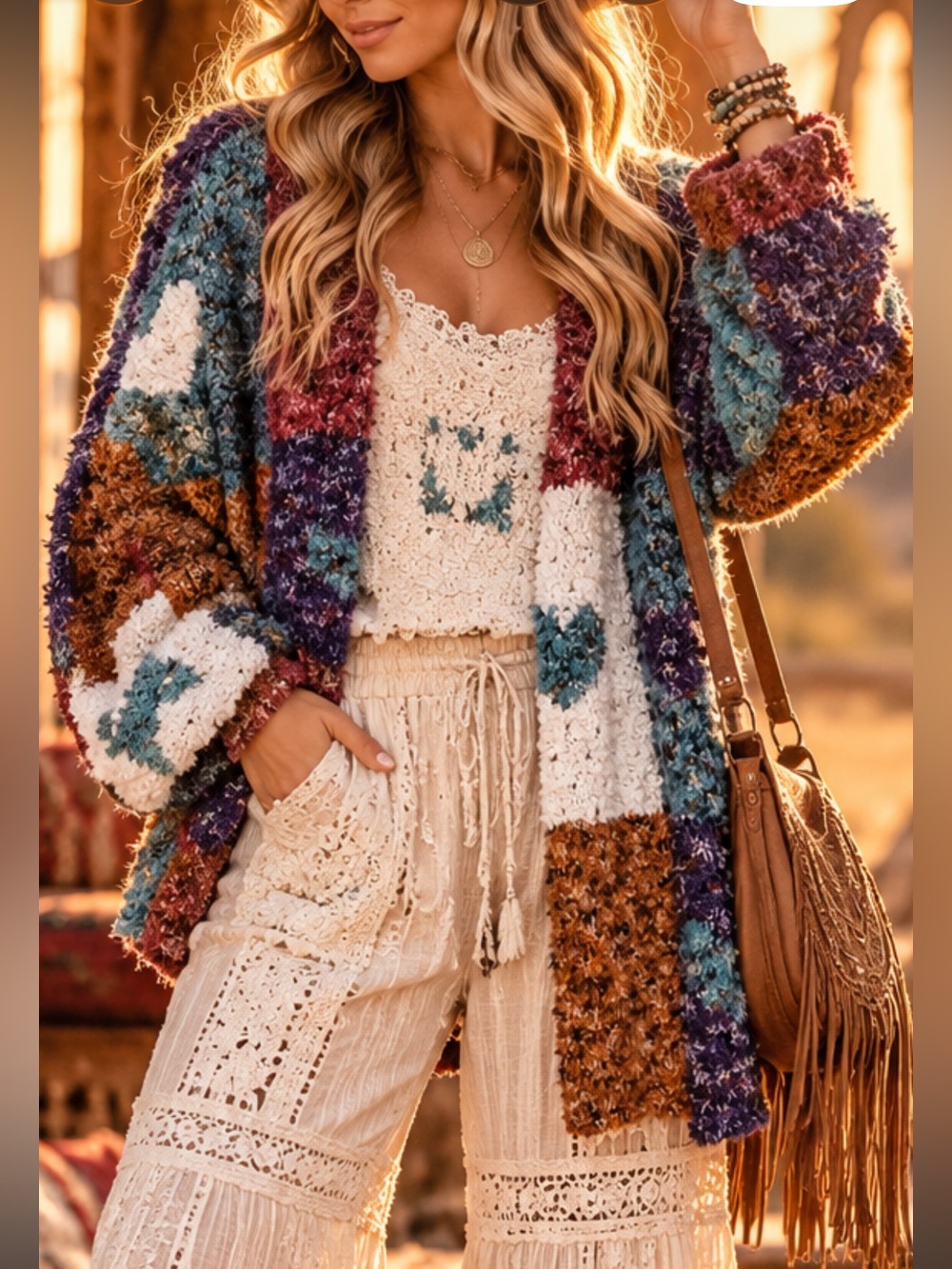 POL Multicolor Patchwork Fuzzy Knit Cardigan sweater size L